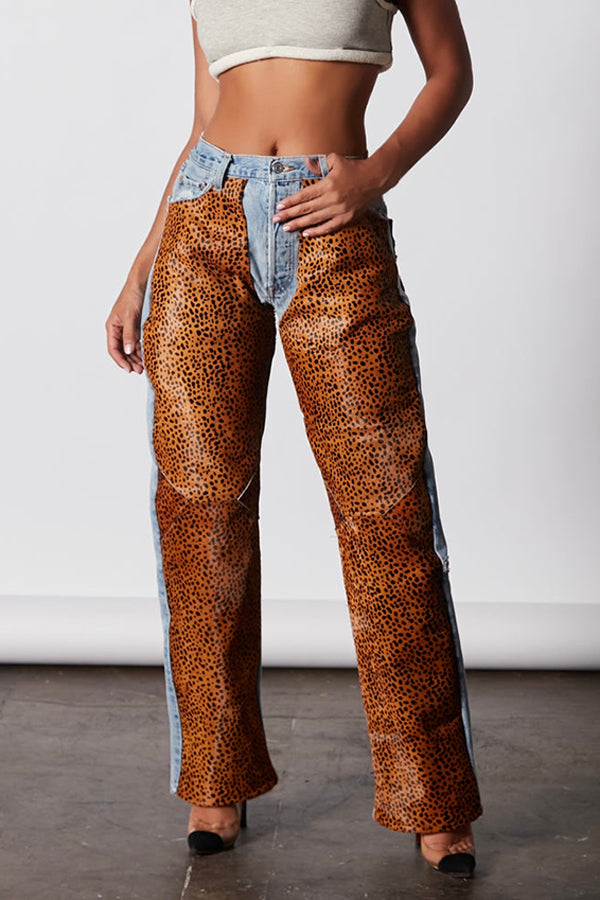 Leopard Patchwork Straight-leg Jeans