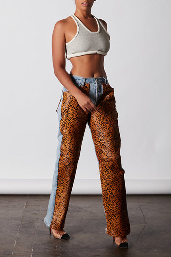 Leopard Patchwork Straight-leg Jeans