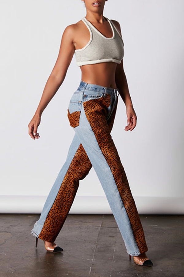 Leopard Patchwork Straight-leg Jeans