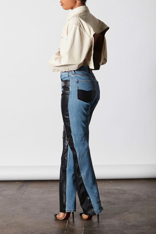 Chic PU Patchwork Straight Jeans