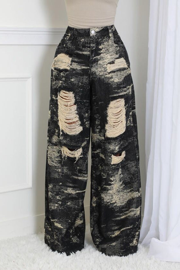 Washed Ripped Wide-leg Jeans