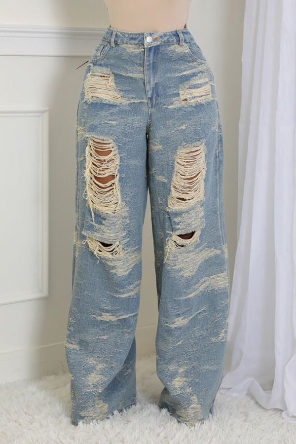 Washed Ripped Wide-leg Jeans