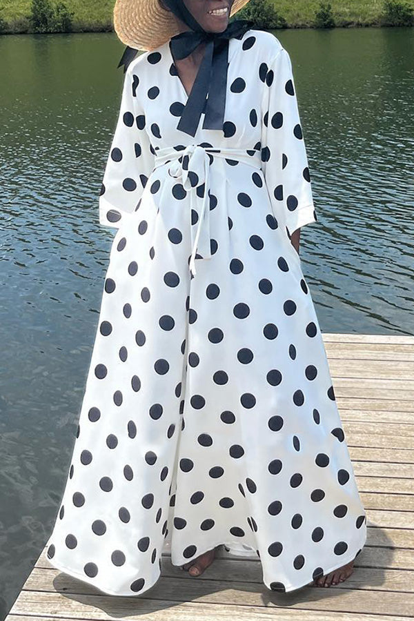 Stylish Polka Dot Wide Sleeves Pockets Dress