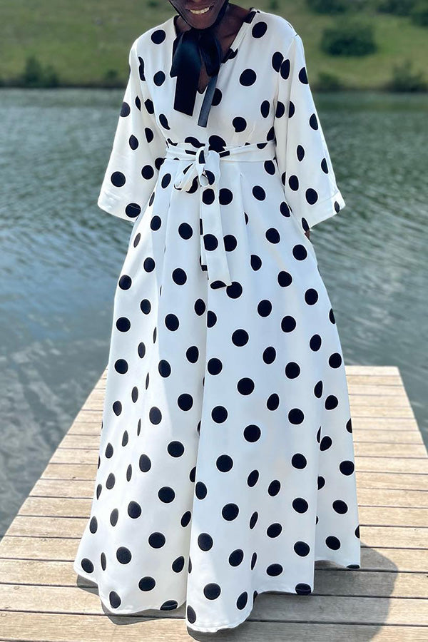 Stylish Polka Dot Wide Sleeves Pockets Dress