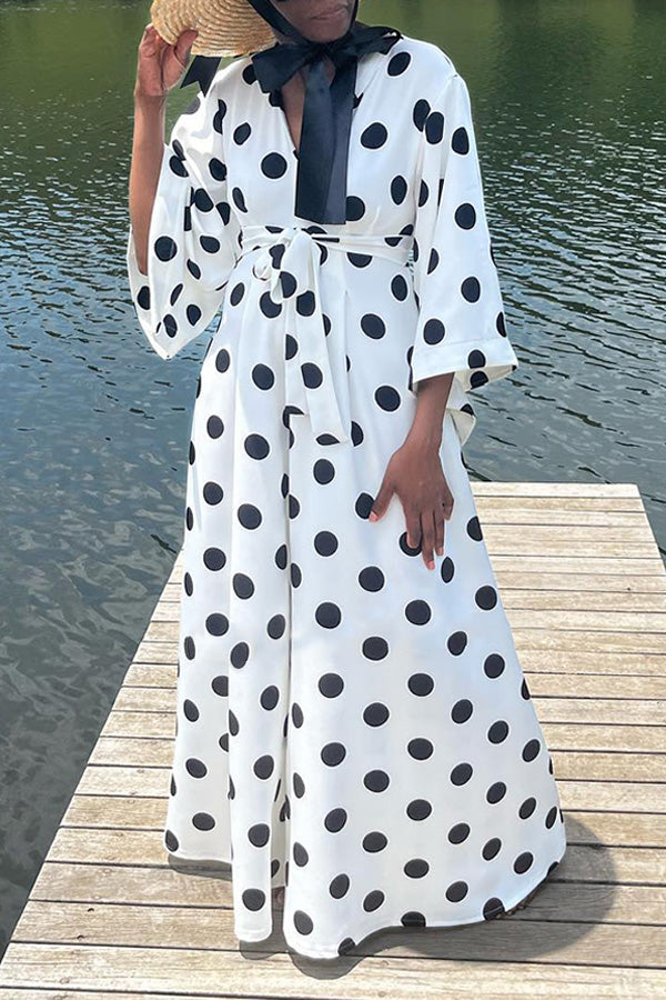 Stylish Polka Dot Wide Sleeves Pockets Dress