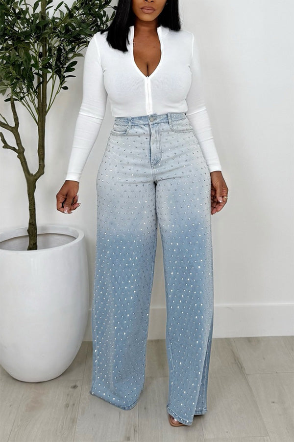 Fashion Studded Gems High Waist Jeans