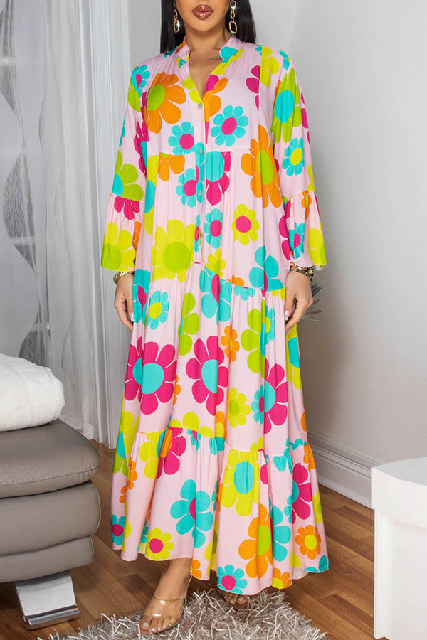 Chic Floral Print Ruffle Sleeves Dress