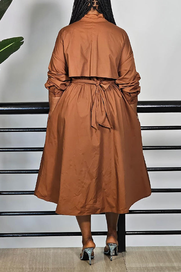 Chic Solid Belted Shirt Midi Dress