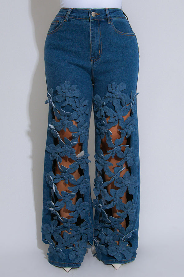 Stylish Floral Cutout Patchwork Jeans