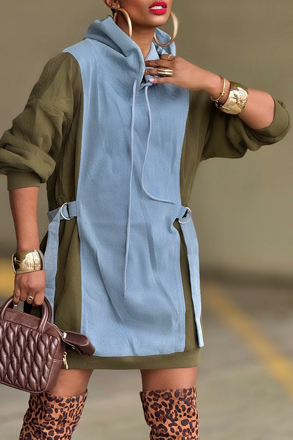 Casual Denim Patch Hoodie Dress