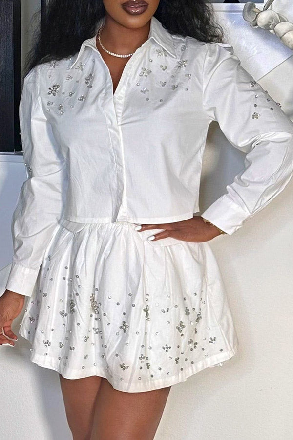 Leg Of Mutton Sleeves Blouse & Rhinestone Skirt Set