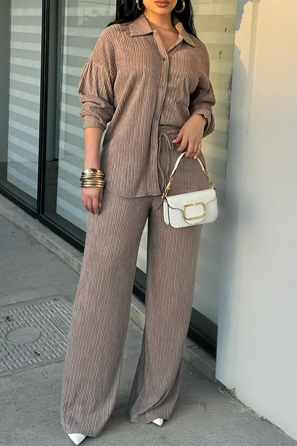 Chic Texture Shirt & Drawstring Pants Set