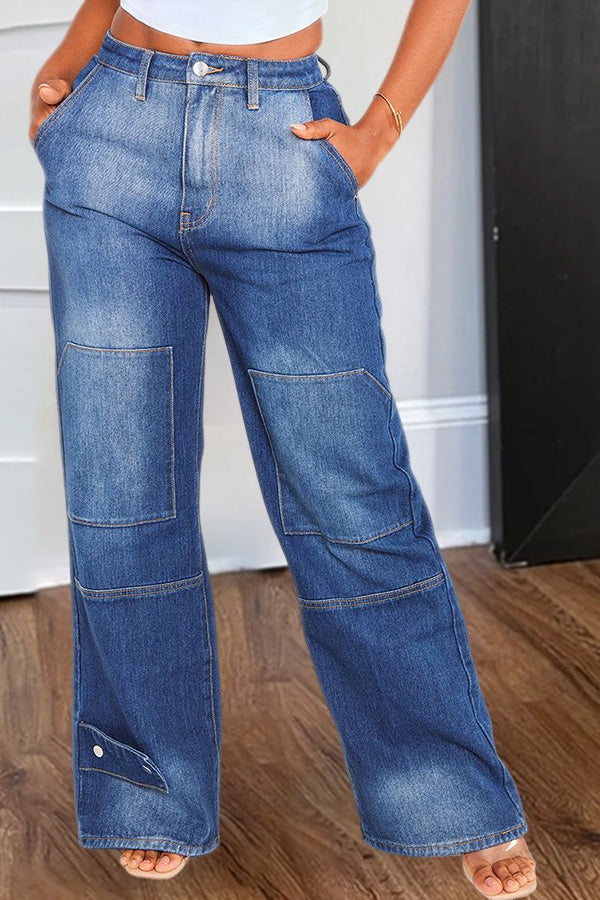 Chic Washed Patchwork Straight-leg Jeans