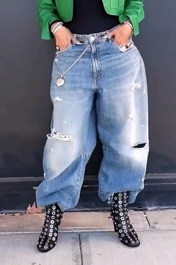 Classic Washed Ripped Straight-leg Jeans