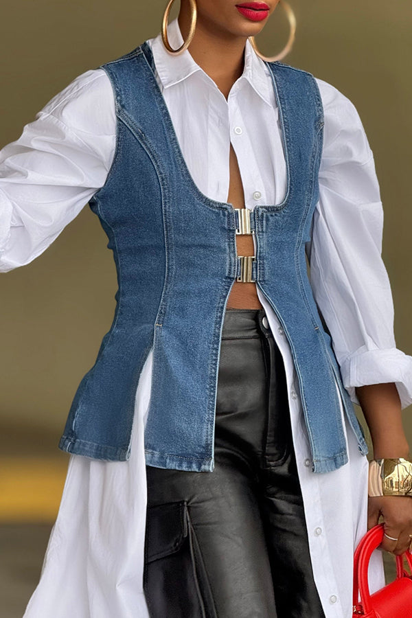 Stylish Metal Clasp Closure Denim Vest