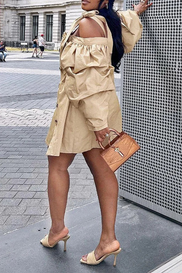 Stylish Cold Shoulder Button Up Mini Dress