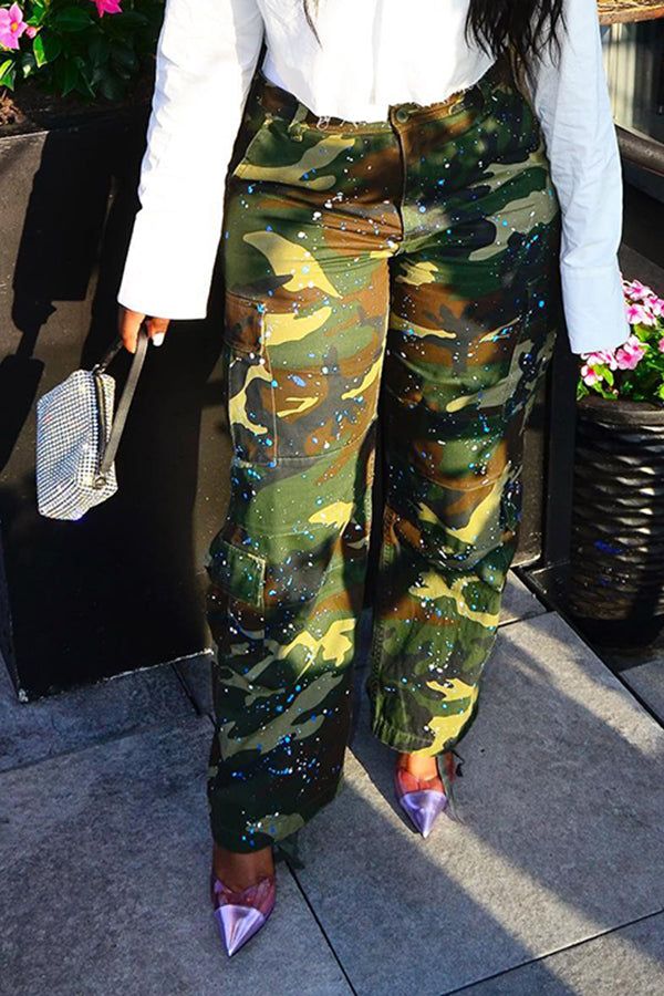 Chic Splashed Camouflage Straight Leg Pants