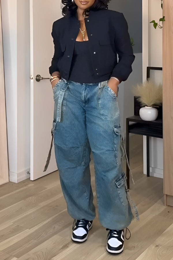 Fashion Utility Pockets High Waist Jeans