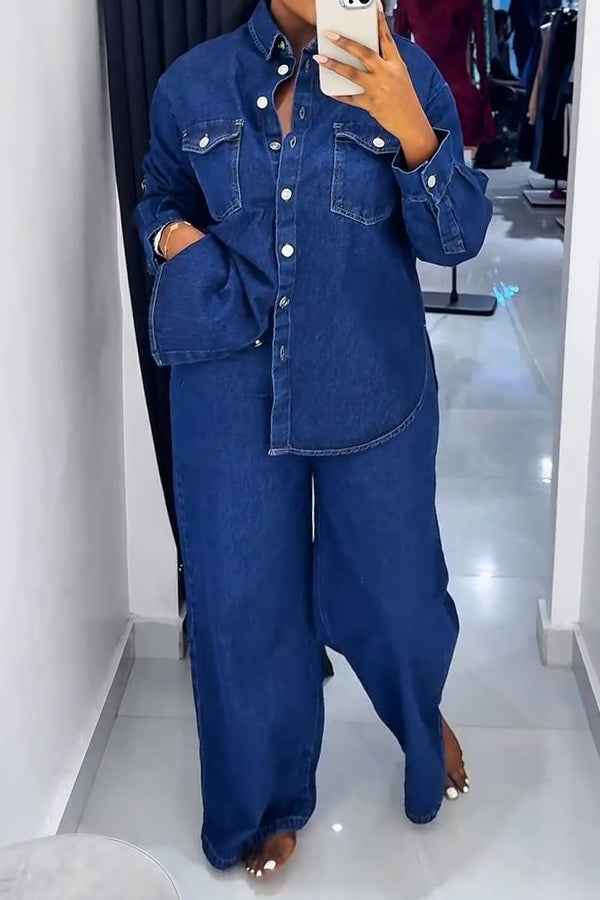 Chic Curved Hem Denim Blouse & Pants Set