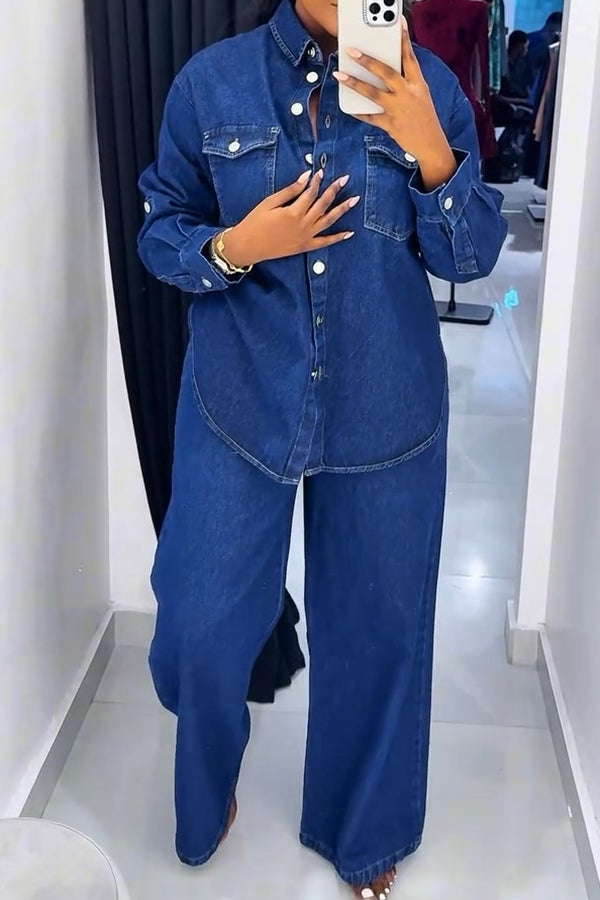 Chic Curved Hem Denim Blouse & Pants Set