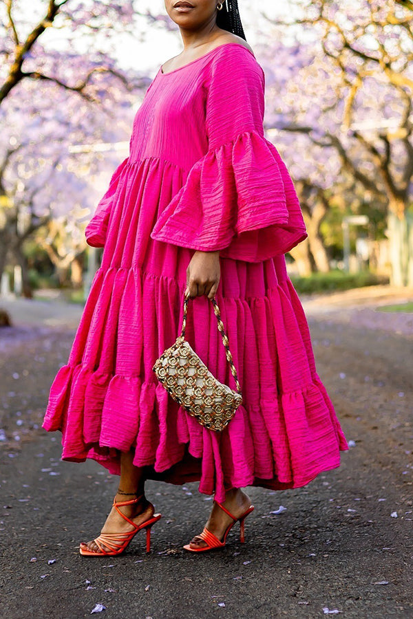 Stylish Flutter Sleeve Ruffle Hem Maxi Dress