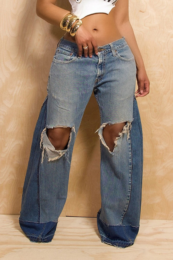 Classic Patchwork Ripped Wide-leg Jeans