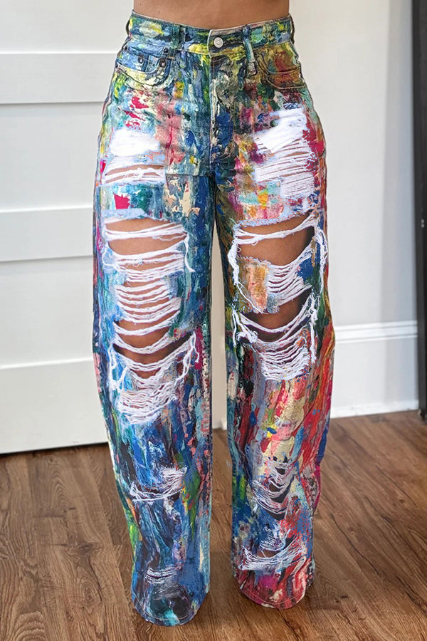 Fashion Abstract Painted Ripped Jeans