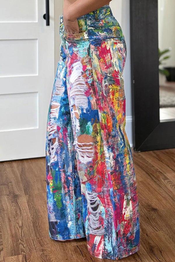 Fashion Abstract Painted Ripped Jeans