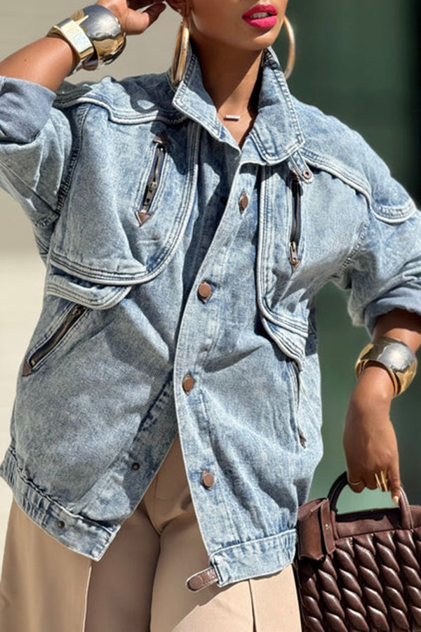 Chic Zipper Detail Bleach Washed Denim Jacket