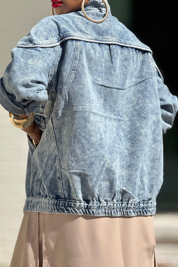 Chic Zipper Detail Bleach Washed Denim Jacket