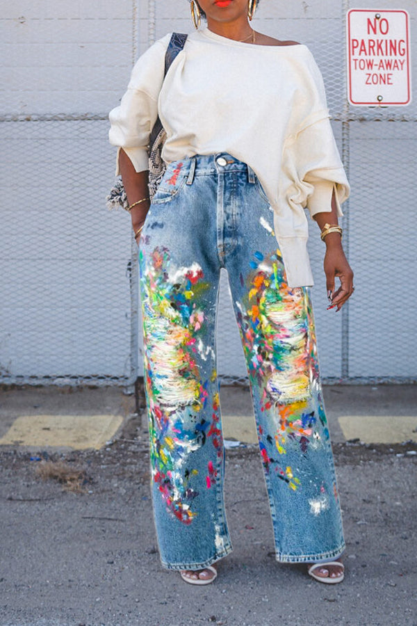 Painted Printed Ripped Straight Jeans