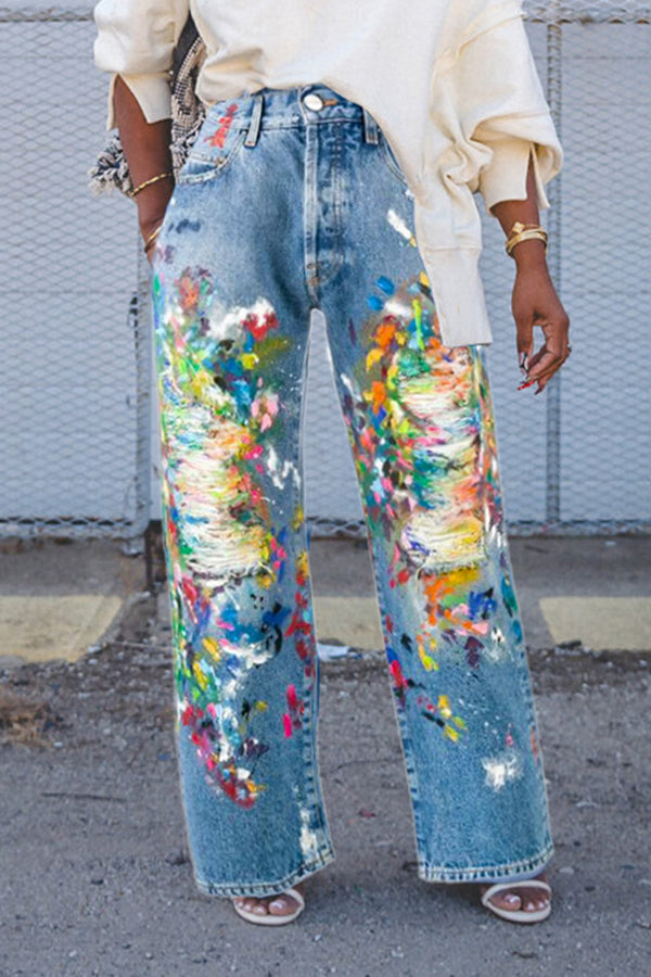 Painted Printed Ripped Straight Jeans