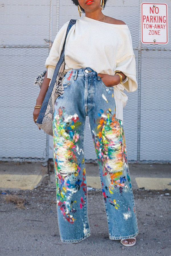 Painted Printed Ripped Straight Jeans