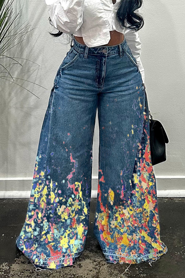 Classic Painted Print Wide Leg Jeans