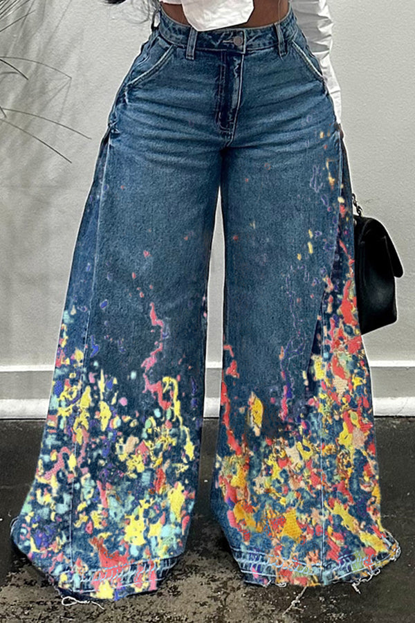 Classic Painted Print Wide Leg Jeans