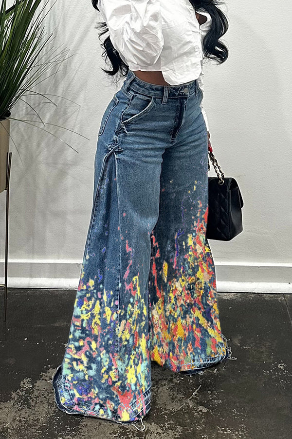 Classic Painted Print Wide Leg Jeans