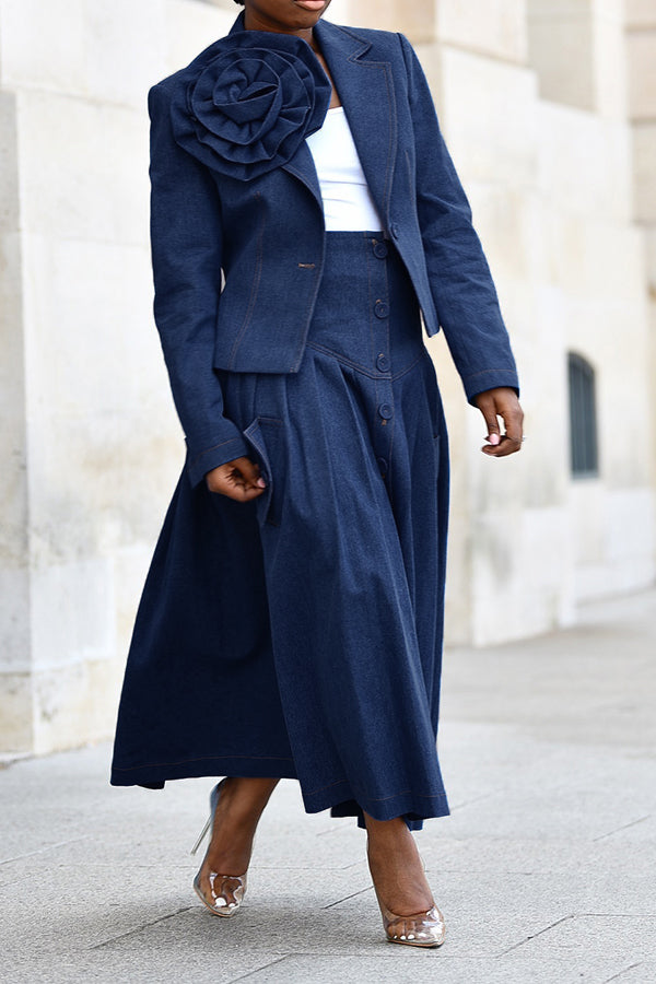 Chic Three-dimensional Floral Denim Blazer Set