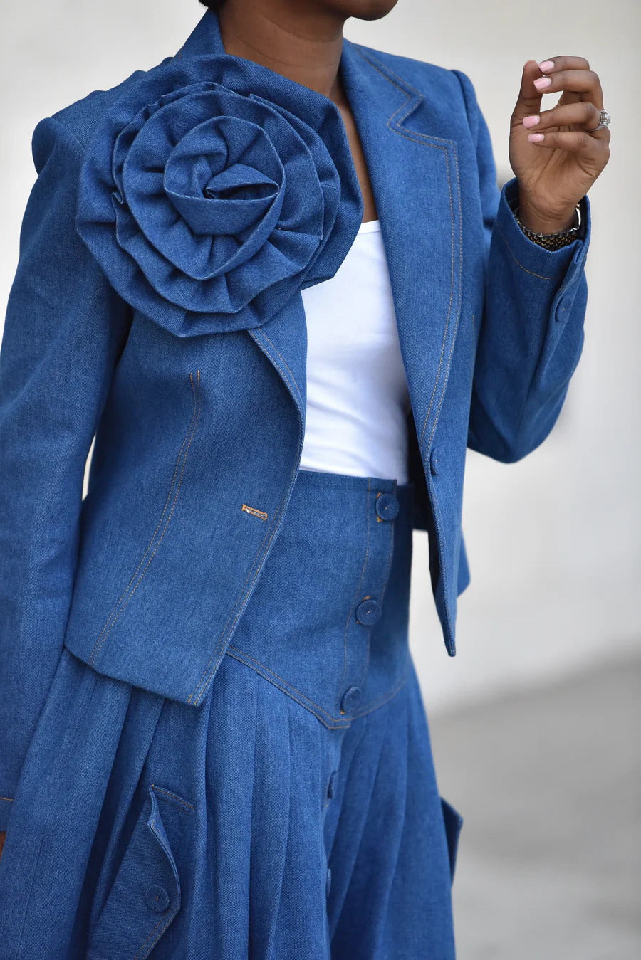 Chic Three-dimensional Floral Denim Blazer