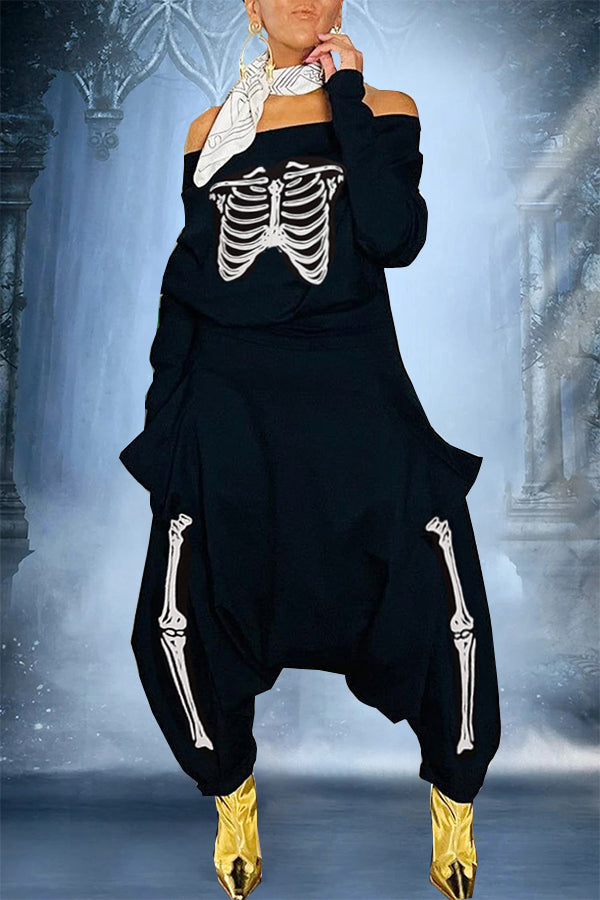 Halloween Black Skull Pattern Loose Jumpsuit