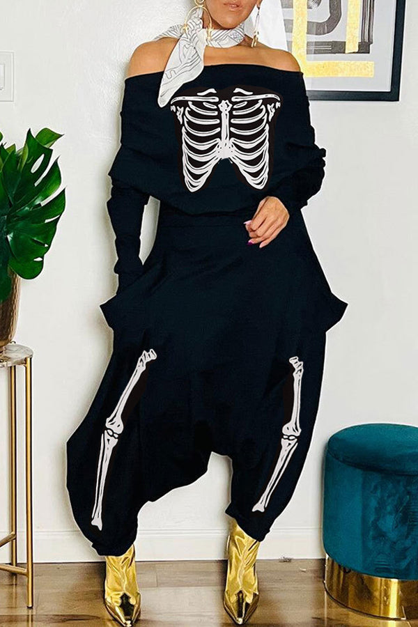 Halloween Black Skull Pattern Loose Jumpsuit