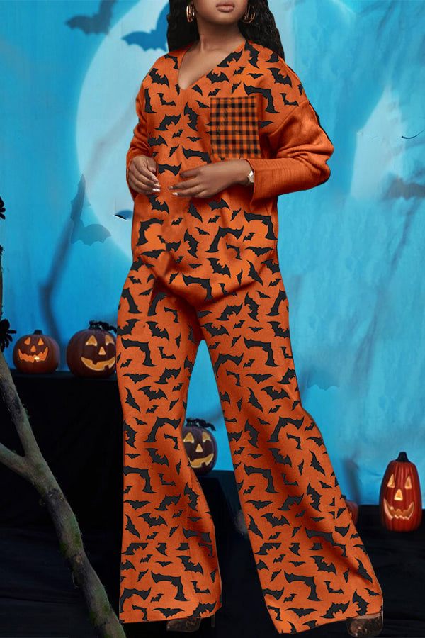 Halloween Orange Bat Pattern Top & Pants Set