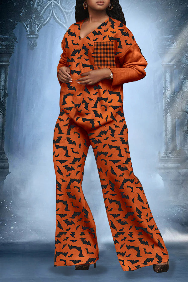 Halloween Orange Bat Pattern Top & Pants Set