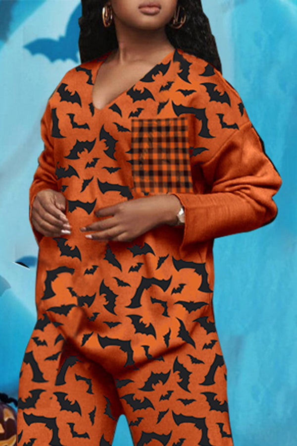 Halloween Orange Bat Pattern Top & Pants Set