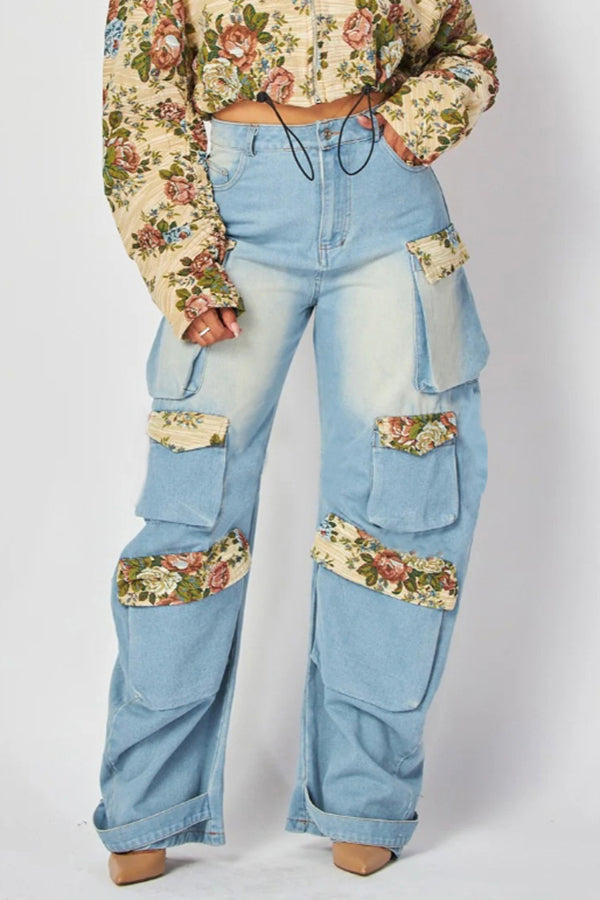 Elegant Print Patchwork Pocket Jeans