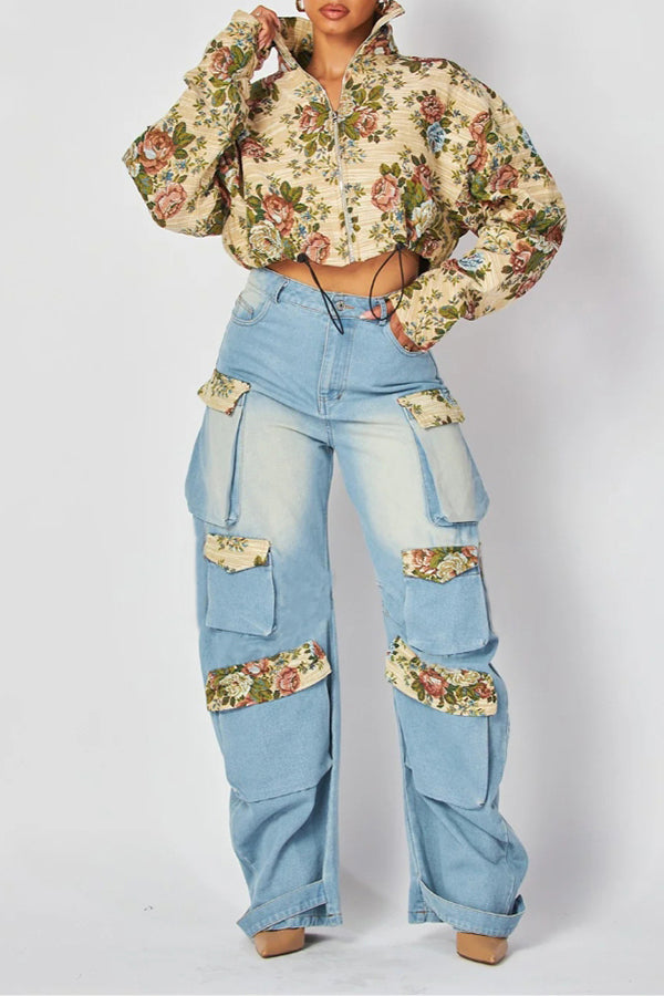 Elegant Print Patchwork Pocket Jeans