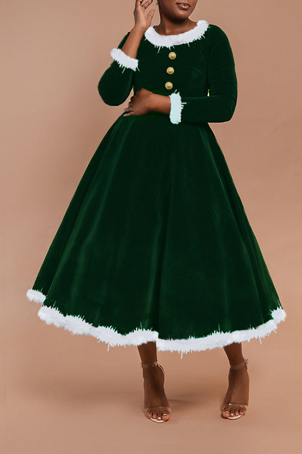 Christmas Pom-pom Trim Velvet Dress