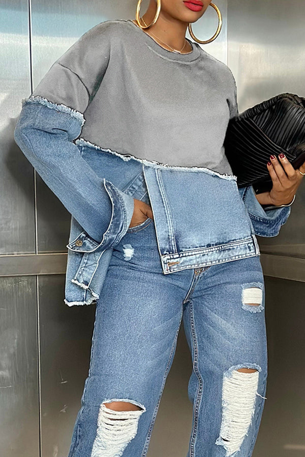 Stylish Irregular Hem Denim Patch Sweatshirt