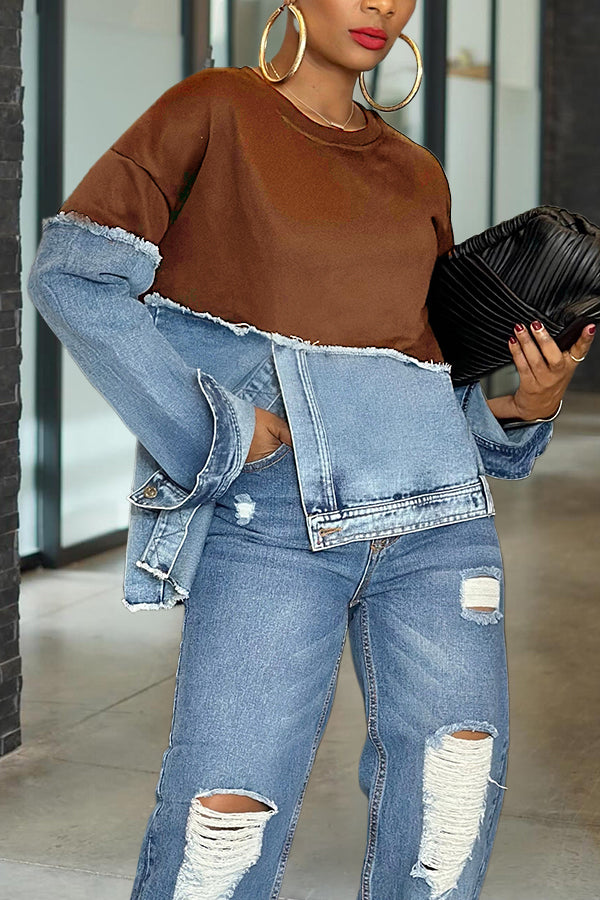 Stylish Irregular Hem Denim Patch Sweatshirt