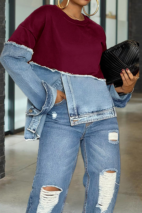 Stylish Irregular Hem Denim Patch Sweatshirt