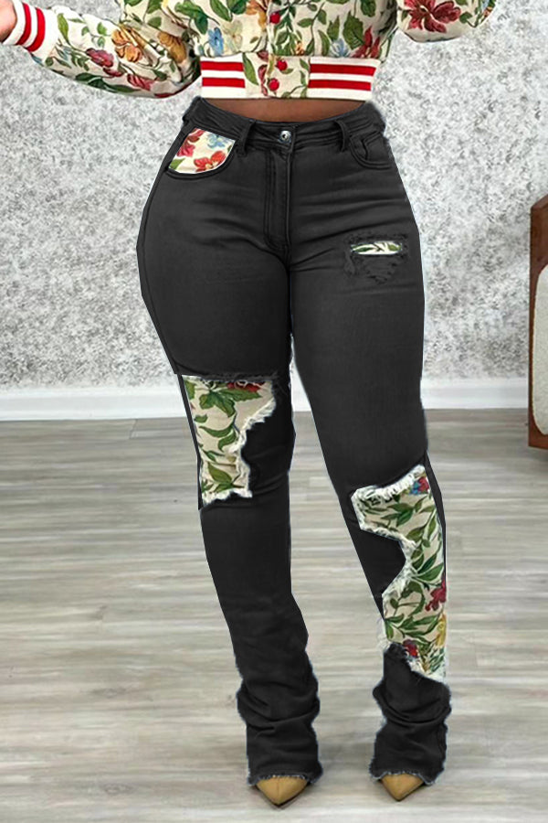 Stylish Print Patchwork Ripped High Waist Jeans